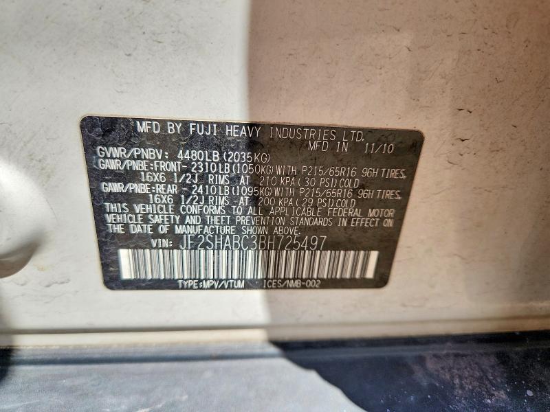 2011 Subaru Forester მანქანა იყიდება აუქციონზე, vin: JF2SHABC3BH725497, აუქციონის ნომერი: 55520086