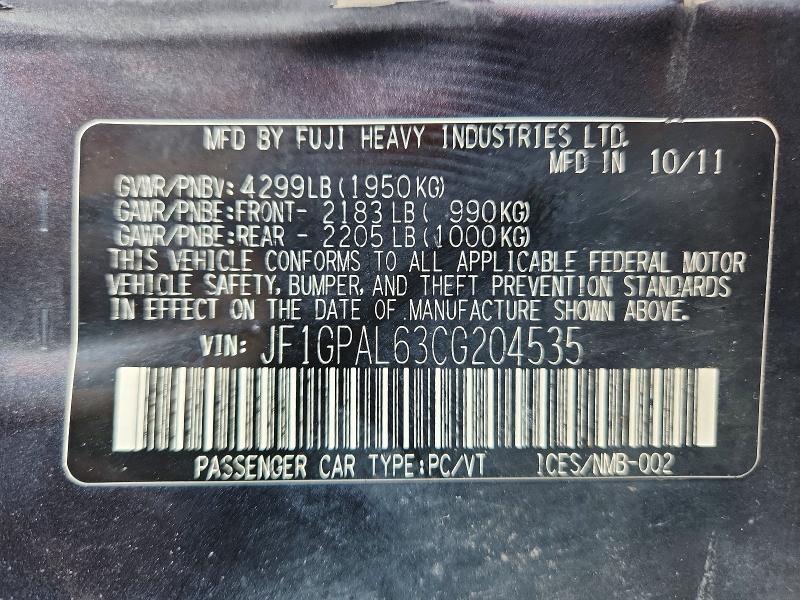 51829136 :رقم المزاد ، JF1GPAL63CG204535 vin ، 2012 Subaru Impreza مزاد بيع