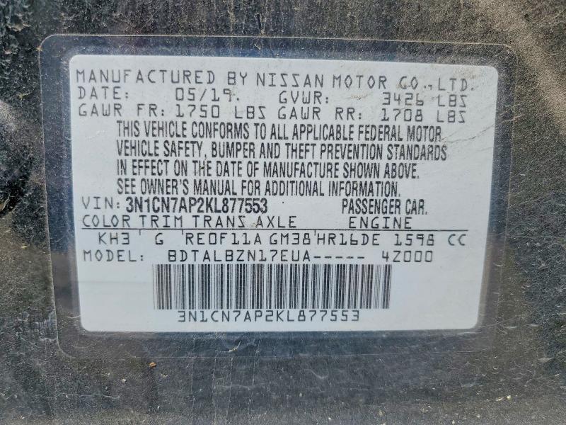Продажа на аукционе авто 2019 Nissan Versa, vin: 3N1CN7AP2KL877553, номер лота: 51507026