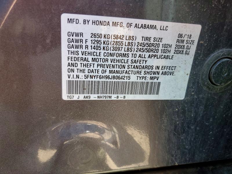 51883976 :رقم المزاد ، 5FNYF6H96JB064215 vin ، 2018 Honda Pilot مزاد بيع