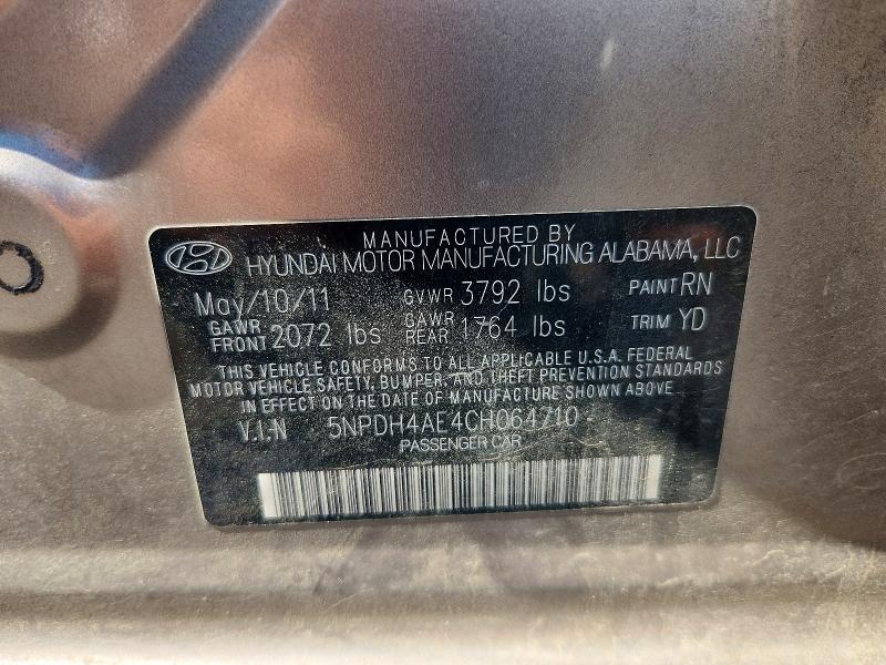 52814836 :رقم المزاد ، 5NPDH4AE4CH064710 vin ، 2012 Hyundai Elantra مزاد بيع