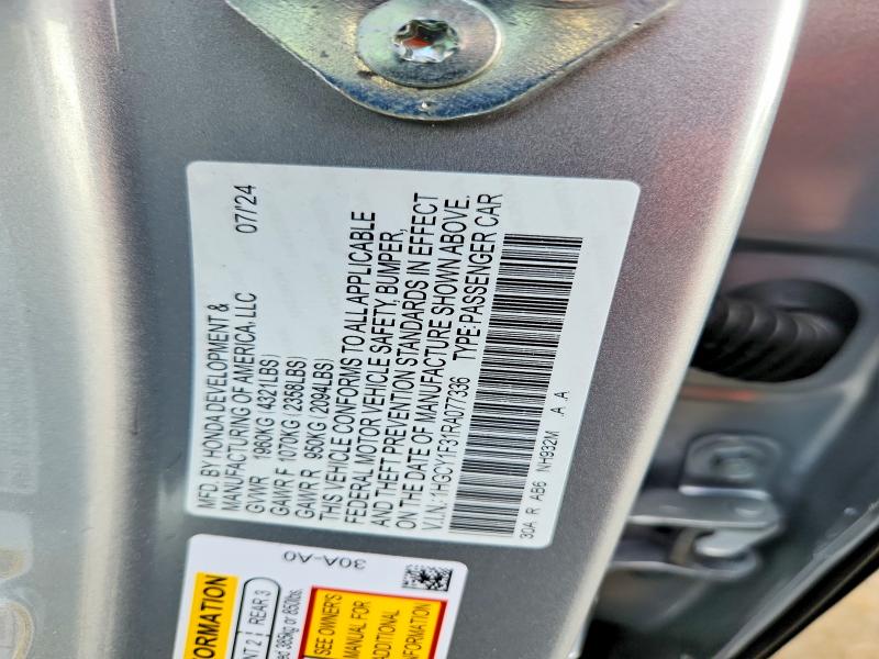 52520156 :رقم المزاد ، 1HGCY1F31RA077336 vin ، 2024 Honda Accord مزاد بيع