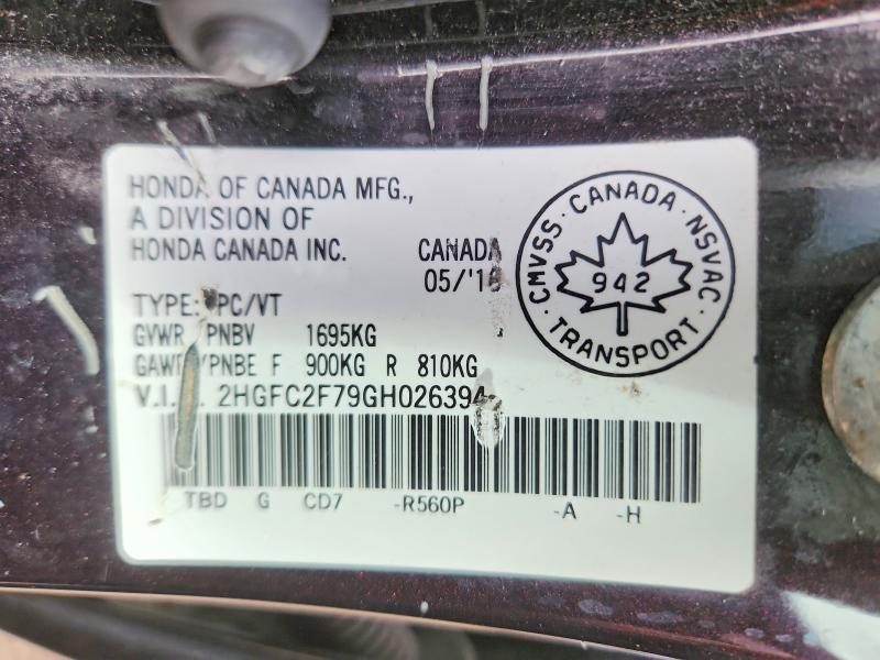 2016 Honda Civic მანქანა იყიდება აუქციონზე, vin: 2HGFC2F79GH026394, აუქციონის ნომერი: 54298306