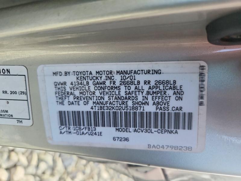 52836746 :رقم المزاد ، 4T1BE32K02U518871 vin ، 2002 Toyota Camry مزاد بيع