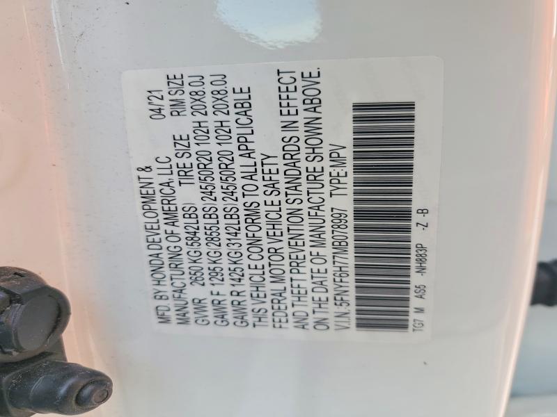 Продажа на аукционе авто 2021 Honda Pilot, vin: 5FNYF6H77MB078997, номер лота: 52069686