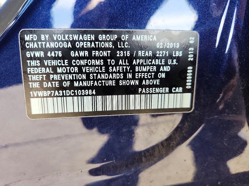 2013 Volkswagen Passat მანქანა იყიდება აუქციონზე, vin: 1VWBP7A31DC103984, აუქციონის ნომერი: 54559076