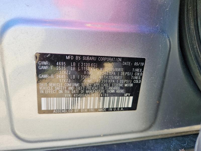 Auction sale of the 2019 Subaru Outback, vin: 4S4BSABC1K3374789, lot number: 52247106