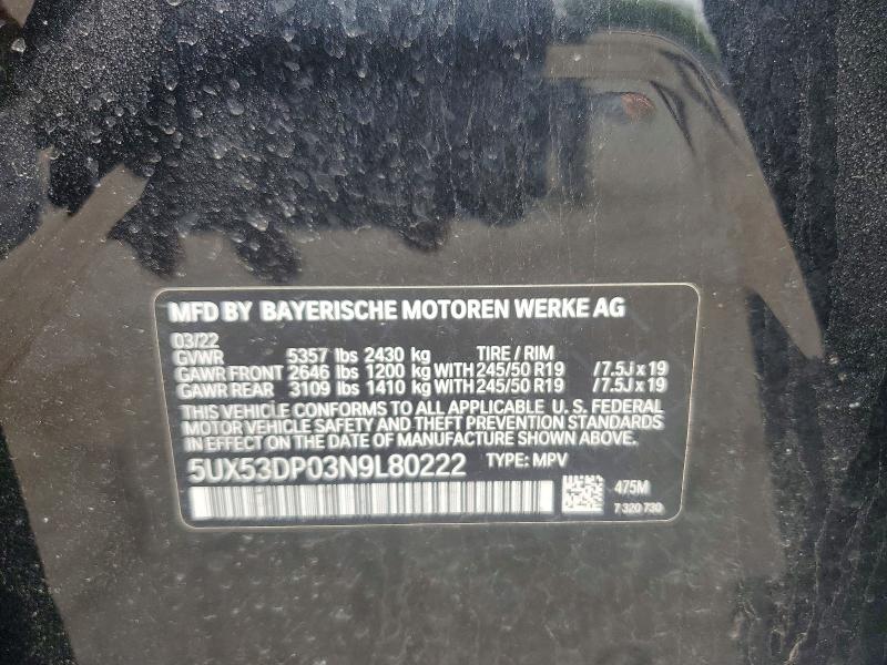 53273096 :رقم المزاد ، 5UX53DP03N9L80222 vin ، 2022 Bmw X3 مزاد بيع