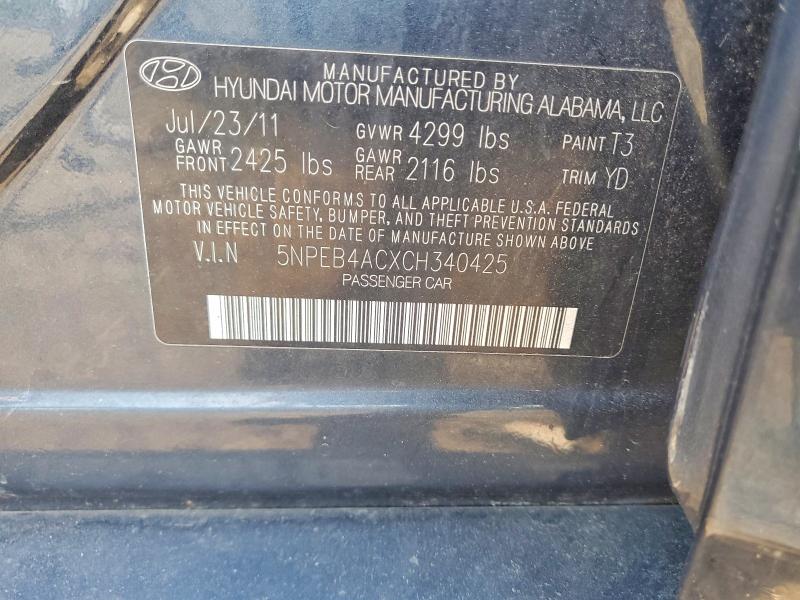Aukcja sprzedaży 2012 Hyundai Sonata, vin: 5NPEB4ACXCH340425, numer aukcji: 53452686