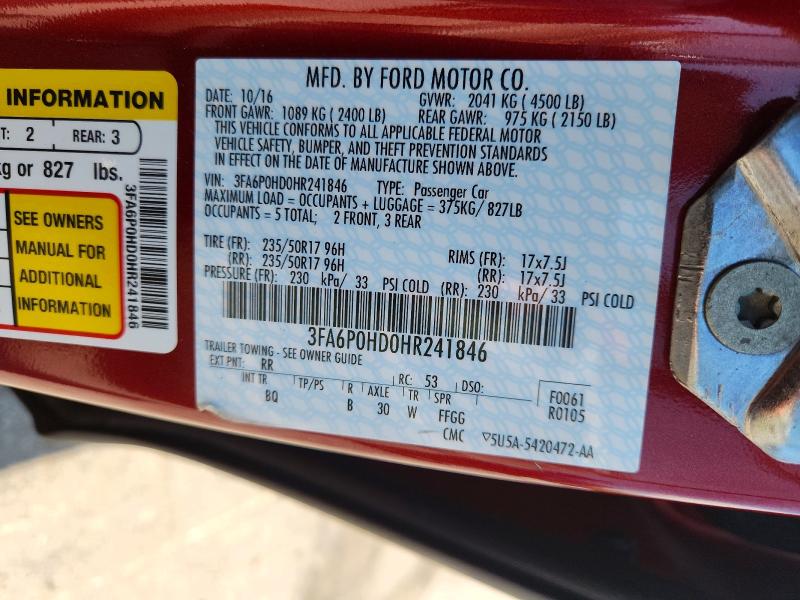 Aukcja sprzedaży 2017 Ford Fusion, vin: 3FA6P0HD0HR241846, numer aukcji: 53372376