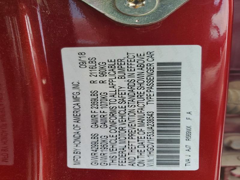 2018 Honda Accord მანქანა იყიდება აუქციონზე, vin: 1HGCV1F53JA238543, აუქციონის ნომერი: 53425246