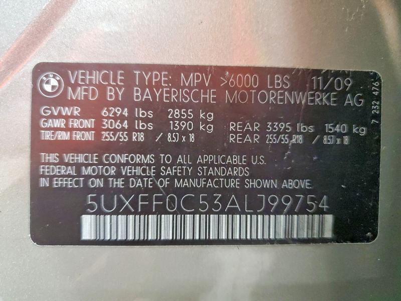 2010 Bmw X5 მანქანა იყიდება აუქციონზე, vin: 5UXFF0C53ALJ99754, აუქციონის ნომერი: 54621326