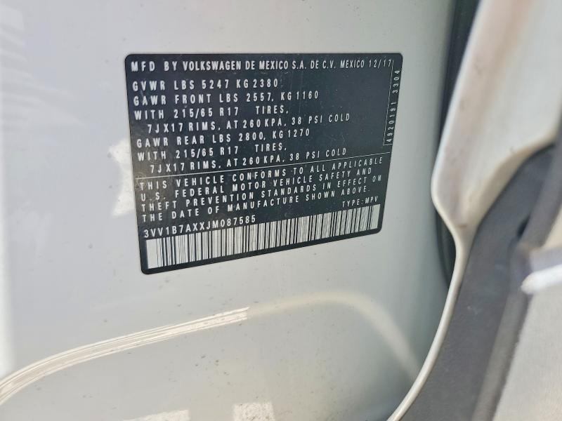 2018 Volkswagen Tiguan მანქანა იყიდება აუქციონზე, vin: 3VV1B7AXXJM087585, აუქციონის ნომერი: 54331446