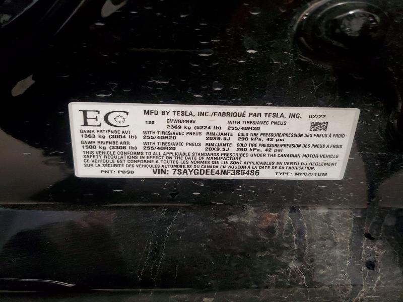 55254296 :رقم المزاد ، 7SAYGDEE4NF385486 vin ، 2022 Tesla Model Y مزاد بيع