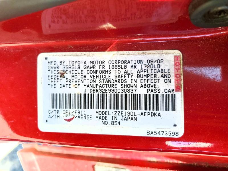 Продаж на аукціоні авто 2003 Toyota Corolla, vin: JTDBR32E930030837, номер лоту: 53604256