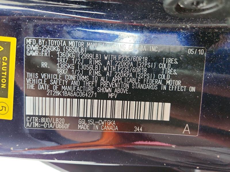 2010 Lexus Rx მანქანა იყიდება აუქციონზე, vin: 2T2BK1BA6AC064271, აუქციონის ნომერი: 54966356