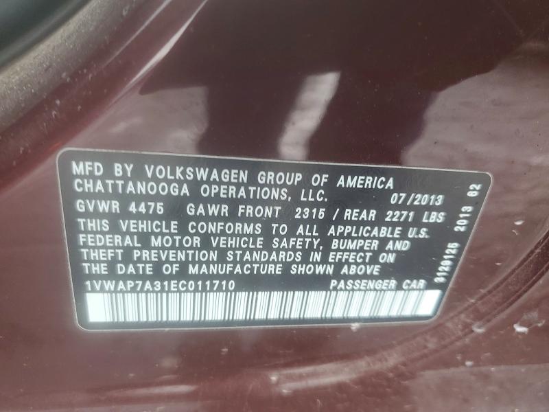 Auction sale of the 2014 Volkswagen Passat, vin: 1VWAP7A31EC011710, lot number: 54185906