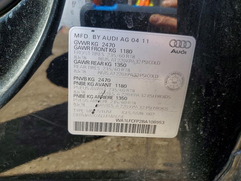 54102066 :رقم المزاد ، WA1LFCFP2BA108953 vin ، 2011 Audi Q5 مزاد بيع