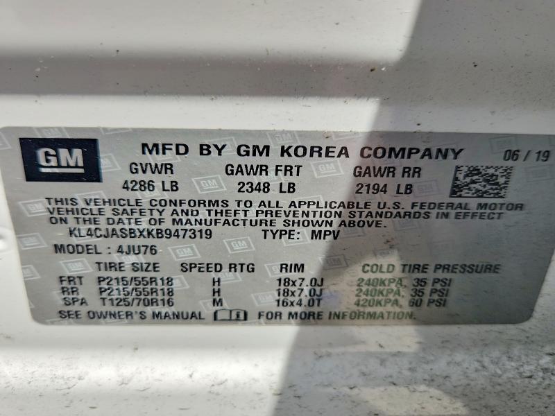 2019 Buick Encore მანქანა იყიდება აუქციონზე, vin: KL4CJASBXKB947319, აუქციონის ნომერი: 55223186