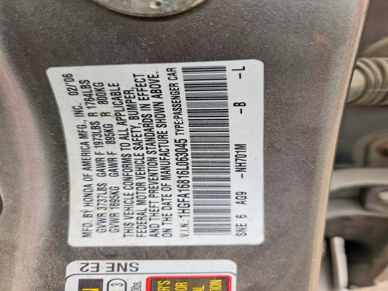 55383696 :رقم المزاد ، 1HGFA16816L063045 vin ، 2006 Honda Civic مزاد بيع