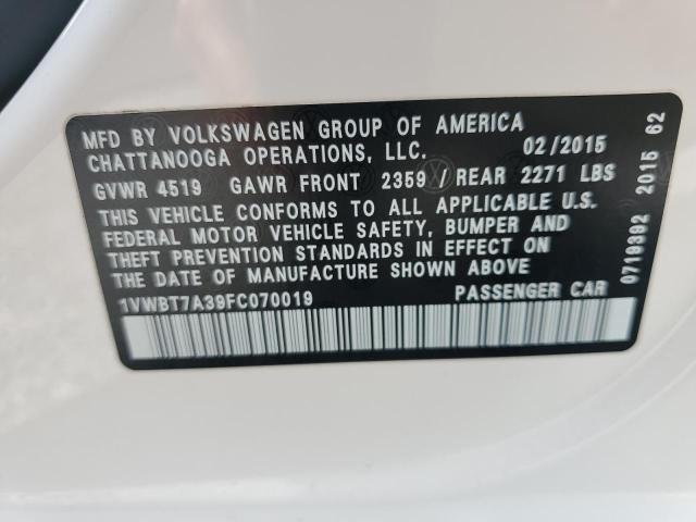 52349436 :رقم المزاد ، 1VWBT7A39FC070019 vin ، 2015 Volkswagen Passat مزاد بيع