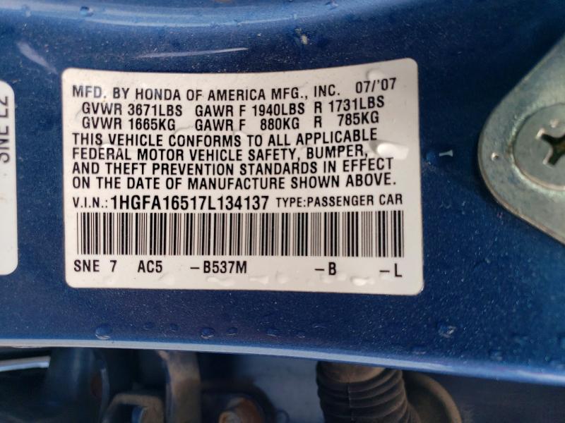 Продаж на аукціоні авто 2007 Honda Civic, vin: 1HGFA16517L134137, номер лоту: 54464946