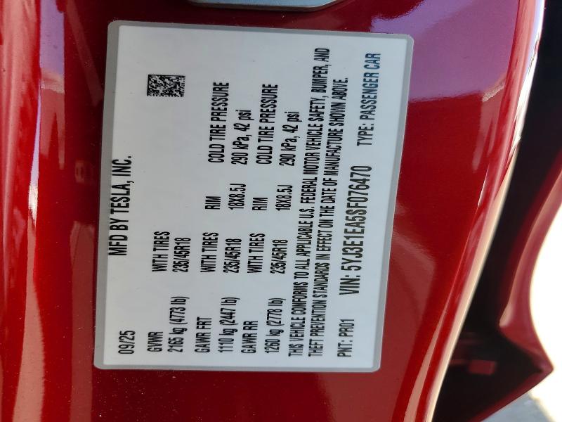 2025 Tesla Model 3 მანქანა იყიდება აუქციონზე, vin: 5YJ3E1EA5SF076470, აუქციონის ნომერი: 52379936