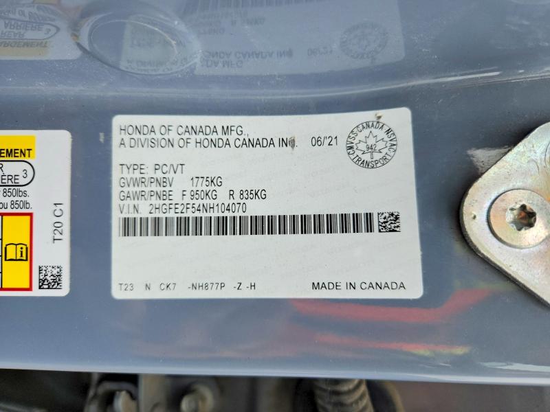 Aukcja sprzedaży 2022 Honda Civic, vin: 2HGFE2F54NH104070, numer aukcji: 78168585