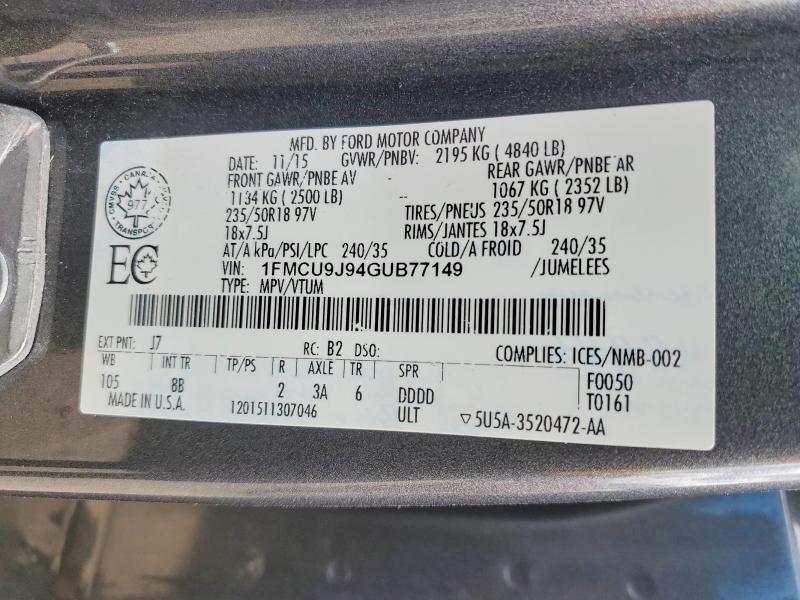 51956486 :رقم المزاد ، 1FMCU9J94GUB77149 vin ، 2016 Ford Escape مزاد بيع