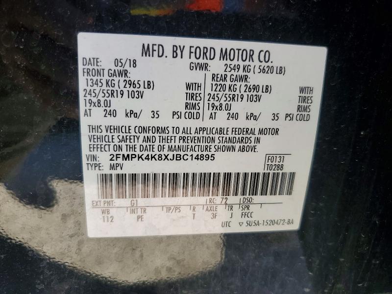 Продаж на аукціоні авто 2018 Ford Edge, vin: 2FMPK4K8XJBC14895, номер лоту: 52074976