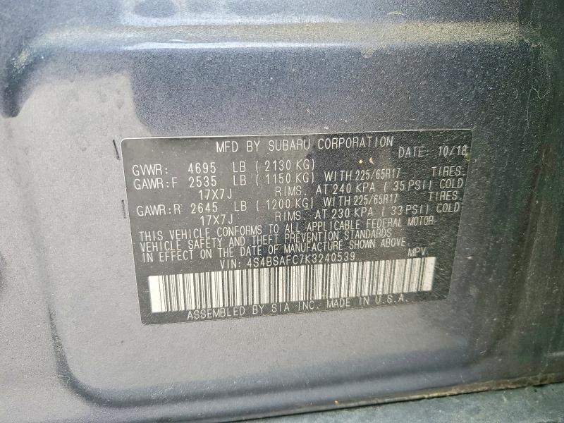 Aukcja sprzedaży 2019 Subaru Outback, vin: 4S4BSAFC7K3240539, numer aukcji: 52204746