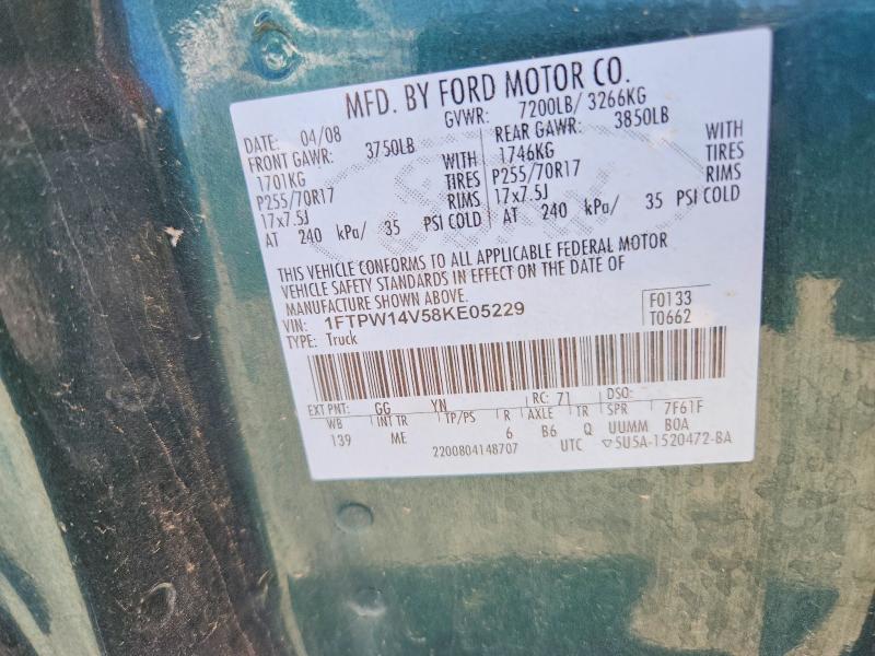2008 Ford F150 მანქანა იყიდება აუქციონზე, vin: 1FTPW14V58KE05229, აუქციონის ნომერი: 55282986