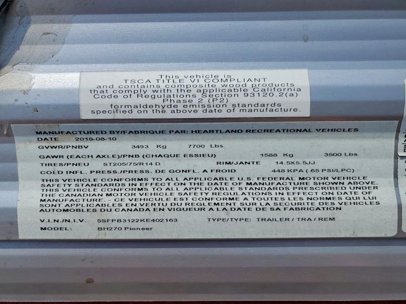 52375686 :رقم المزاد ، 5SFPB3122KE402163 vin ، 2019 Heartland Rv Pioneer Bh270 مزاد بيع