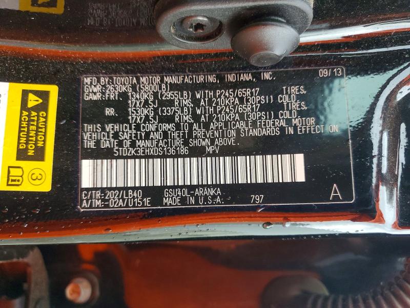Продажа на аукционе авто 2013 Toyota Highlander, vin: 5TDZK3EHXDS136186, номер лота: 52391286