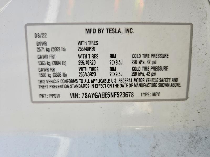 Продажа на аукционе авто 2022 Tesla Model Y, vin: 7SAYGAEE5NF523678, номер лота: 52359786