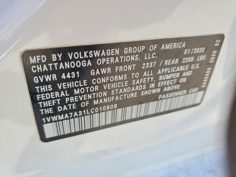 Продаж на аукціоні авто 2020 Volkswagen Passat, vin: 1VWMA7A31LC010908, номер лоту: 52095016