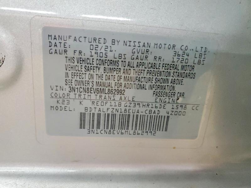53513856 :رقم المزاد ، 3N1CN8EV6ML862992 vin ، 2021 Nissan Versa مزاد بيع