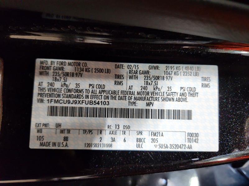 2015 Ford Escape მანქანა იყიდება აუქციონზე, vin: 1FMCU9J9XFUB54103, აუქციონის ნომერი: 54253296