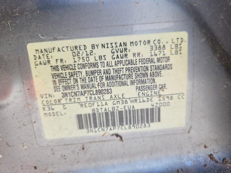 52893616 :رقم المزاد ، 3N1CN7AP7CL890283 vin ، 2012 Nissan Versa مزاد بيع