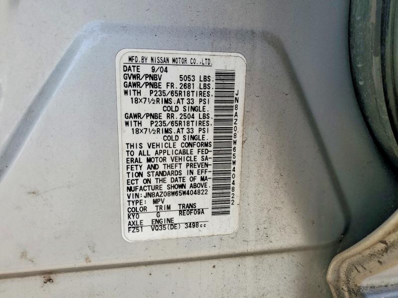 2005 Nissan Murano მანქანა იყიდება აუქციონზე, vin: JN8AZ08W65W404822, აუქციონის ნომერი: 52099616