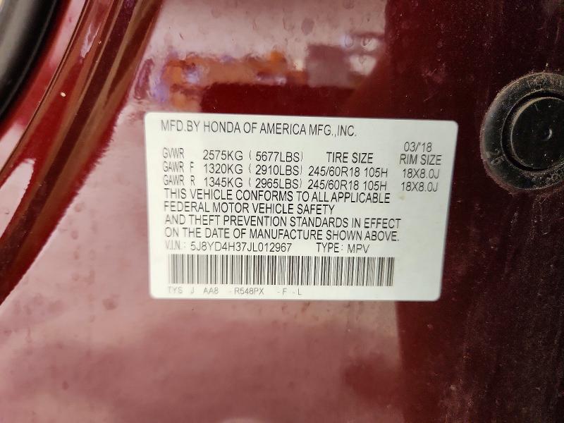 53846996 :رقم المزاد ، 5J8YD4H37JL012967 vin ، 2018 Acura Mdx مزاد بيع