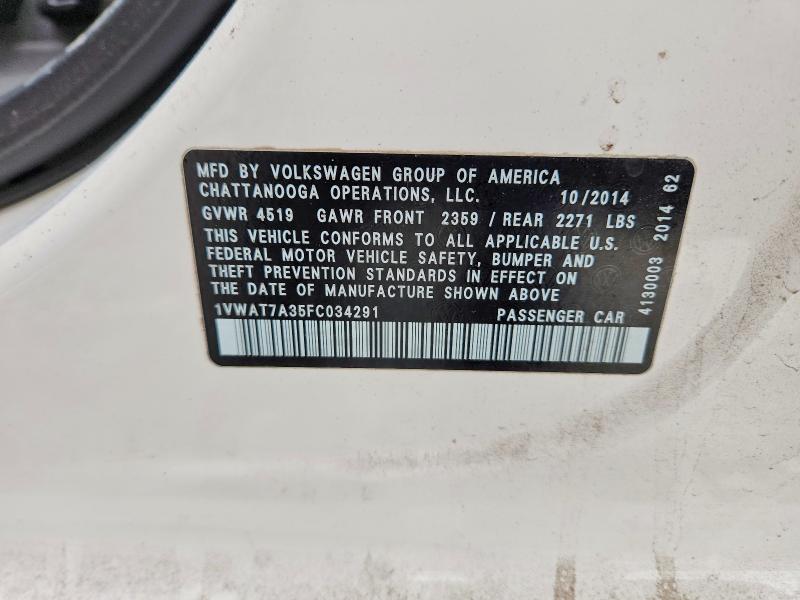 Aukcja sprzedaży 2015 Volkswagen Passat, vin: 1VWAT7A35FC034291, numer aukcji: 54237776