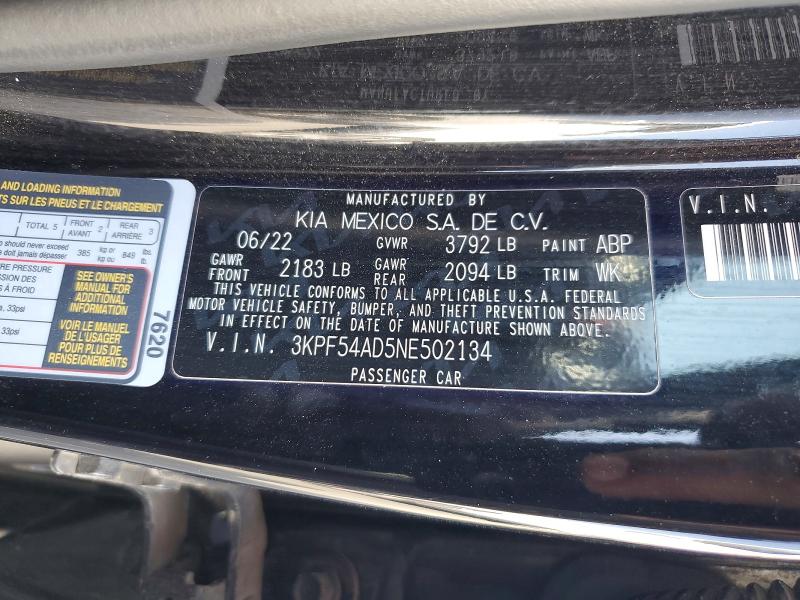 54160006 :رقم المزاد ، 3KPF54AD5NE502134 vin ، 2022 Kia Forte مزاد بيع