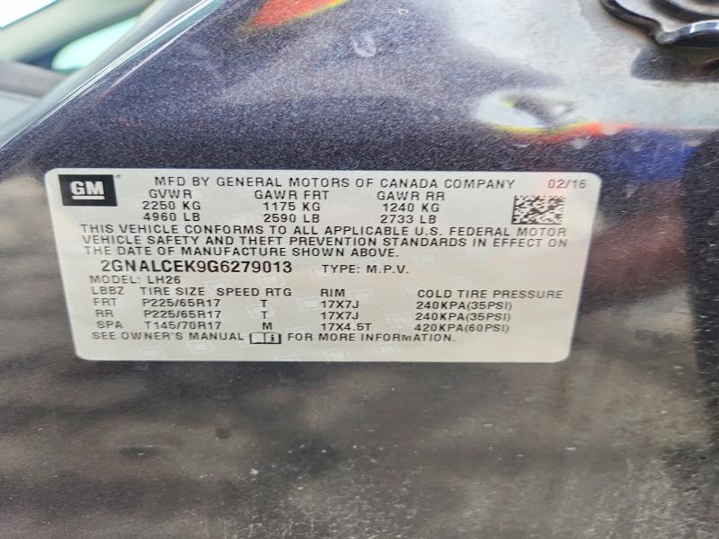2016 Chevrolet Equinox მანქანა იყიდება აუქციონზე, vin: 2GNALCEK9G6279013, აუქციონის ნომერი: 54676086