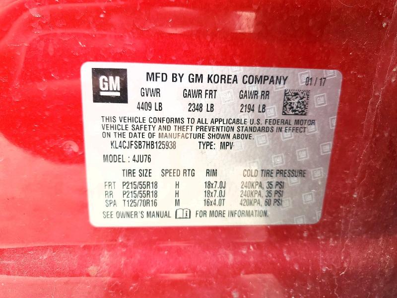 52906966 :رقم المزاد ، KL4CJFSB7HB125938 vin ، 2017 Buick Encore مزاد بيع