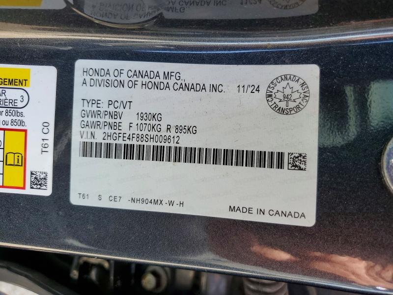 Продаж на аукціоні авто 2025 Honda Civic, vin: 2HGFE4F88SH009612, номер лоту: 50580176