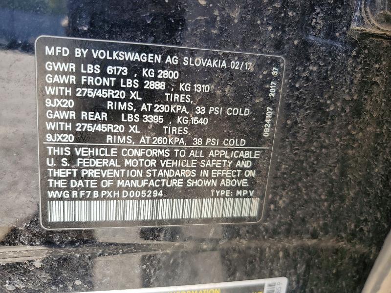 Auction sale of the 2017 Volkswagen Touareg, vin: WVGRF7BPXHD005294, lot number: 52371416
