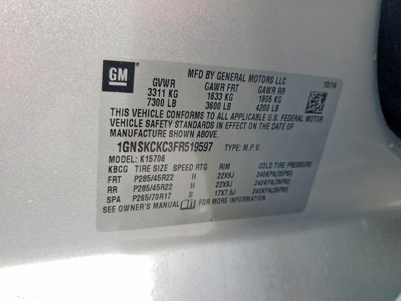 2015 Chevrolet Tahoe მანქანა იყიდება აუქციონზე, vin: 1GNSKCKC3FR519597, აუქციონის ნომერი: 54585446
