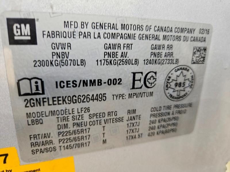 2016 Chevrolet Equinox მანქანა იყიდება აუქციონზე, vin: 2GNFLEEK9G6264495, აუქციონის ნომერი: 50999156