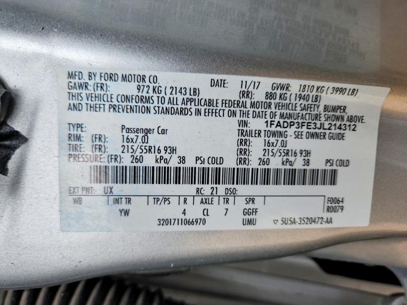 Aukcja sprzedaży 2018 Ford Focus, vin: 1FADP3FE3JL214312, numer aukcji: 52245386